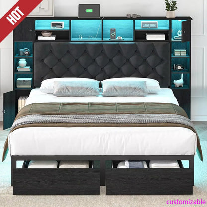 Queen Bed Frame with Bookcase Headboard and Storage Drawers, 51.2"