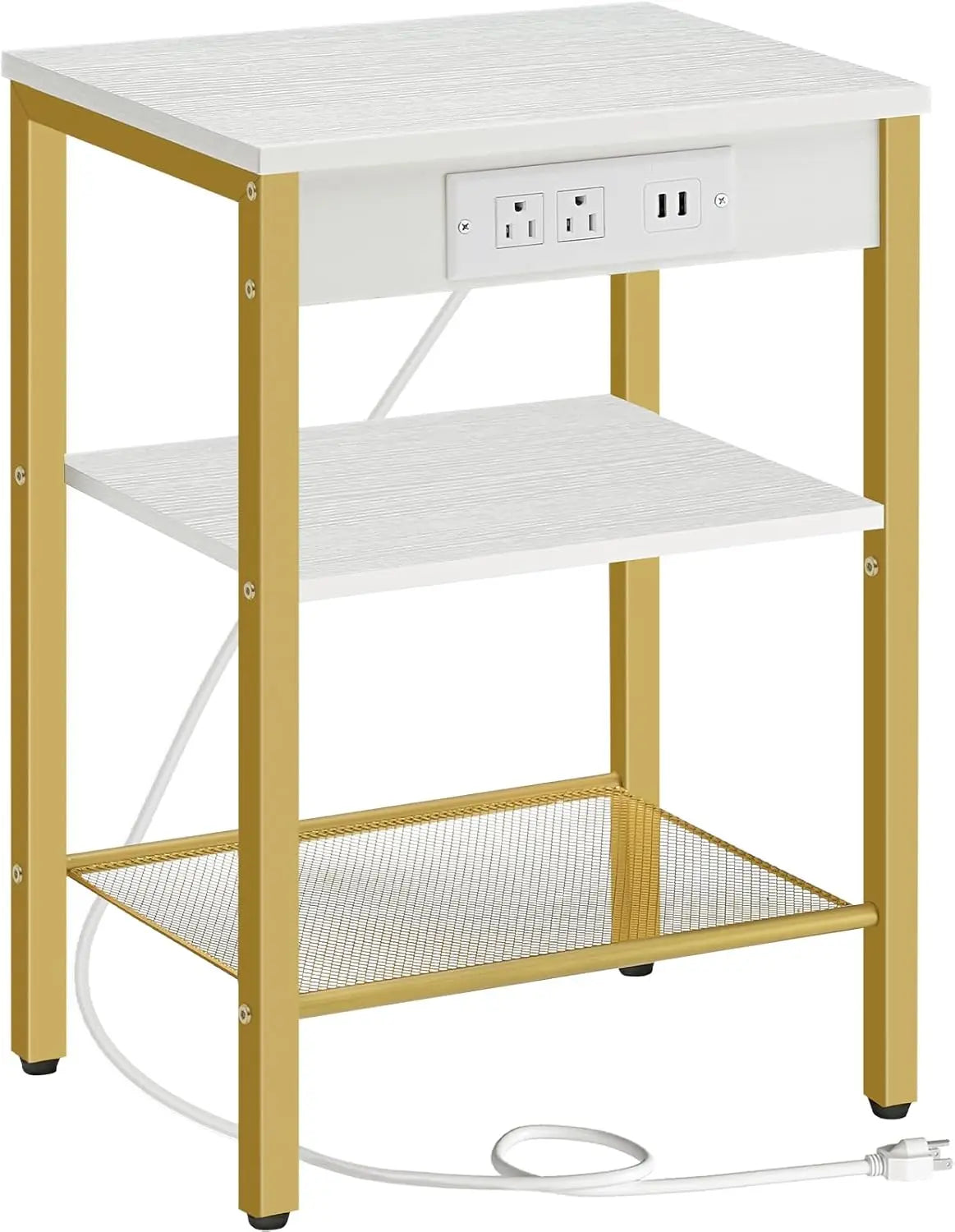 End Table with 3-Tier Nightstand with Adjustable Shelves, Charging Station