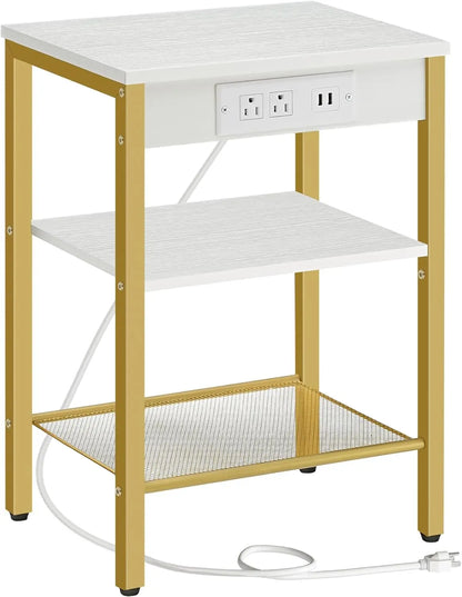 End Table with 3-Tier Nightstand with Adjustable Shelves, Charging Station