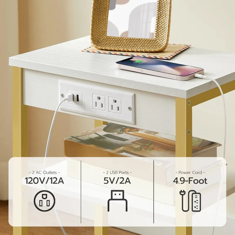 End Table with 3-Tier Nightstand with Adjustable Shelves, Charging Station