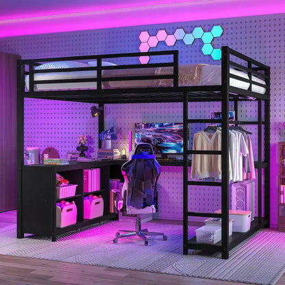 Queen Size Metal Loft Bed with Wardrobe