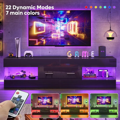 TV Stand with Stone-Patterned Side Panels, LED Entertainment Center