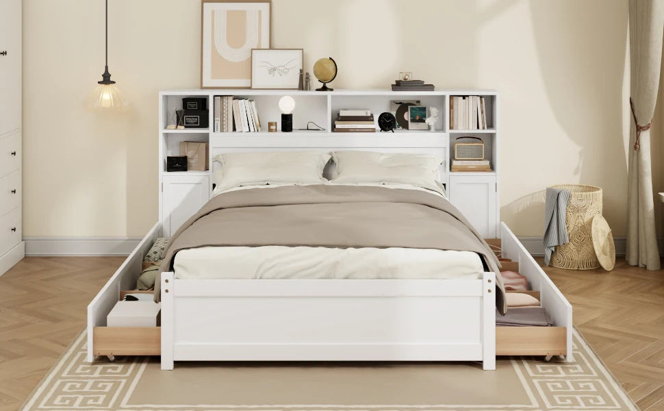 Tall Extended Bookcase Headboard, 6 Drawers and Charging Station