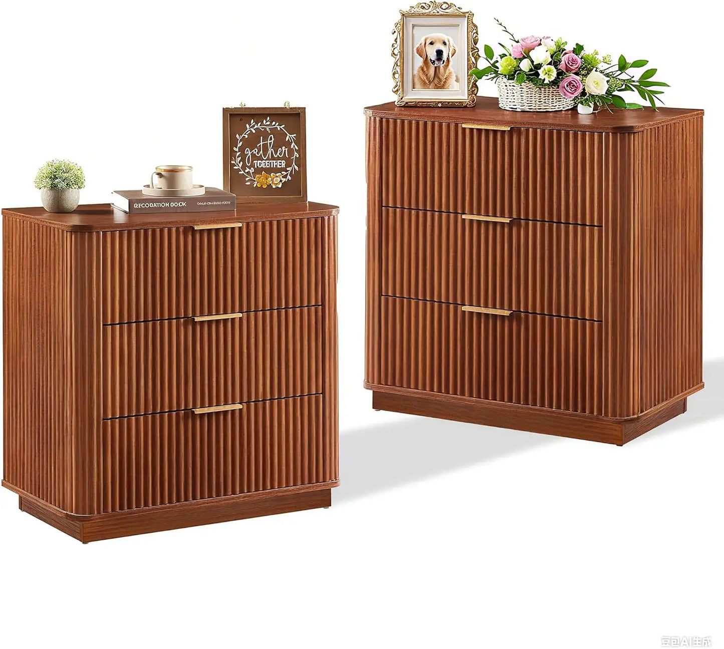 "Set of 2 Fluted Nightstands - 27.5"W with 3 Drawers