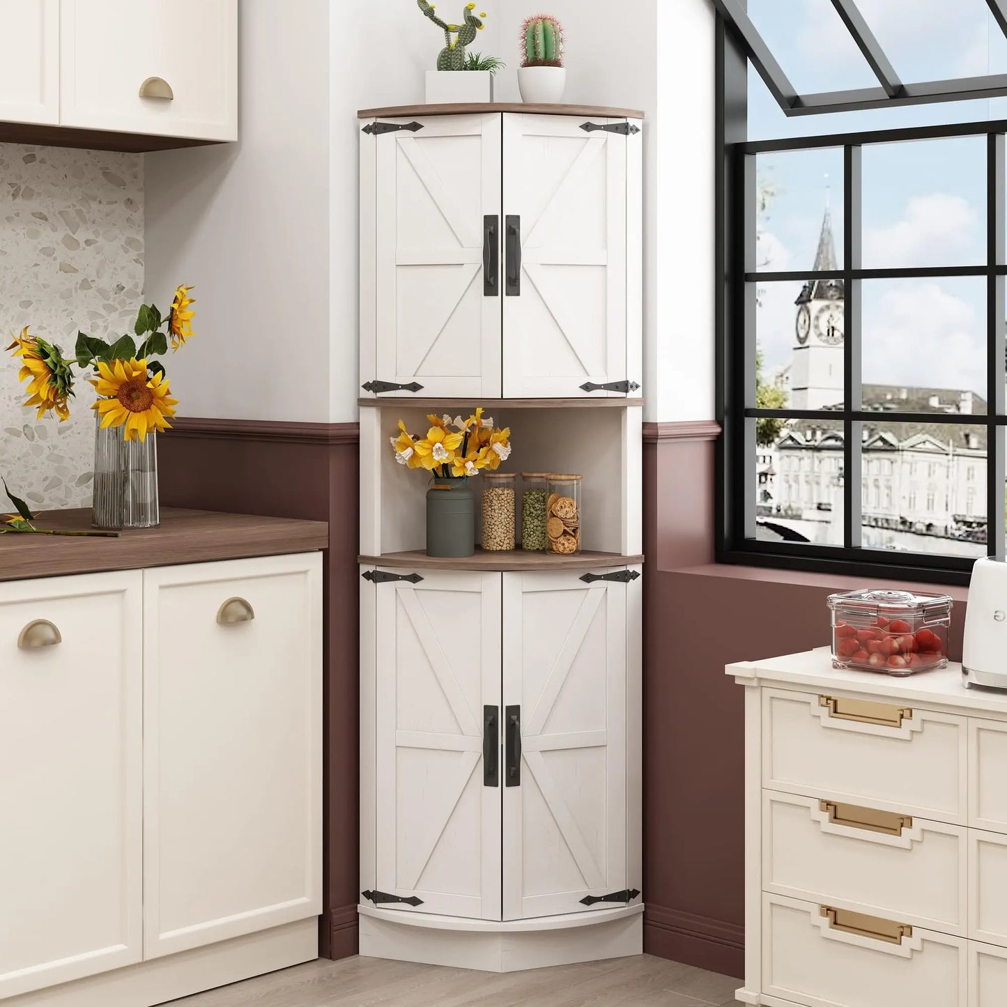 Vabches 64.8" Tall Corner Cabinet Farmhouse Storage Cabinet with Barn Doors&5 Storage Shelves Corner Storage Cabinet Living Room