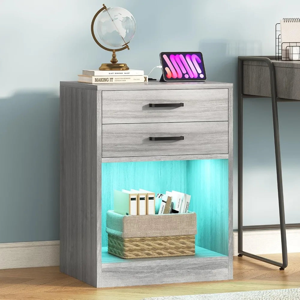 Set of 2,Nightstand with Charging Station with LED light