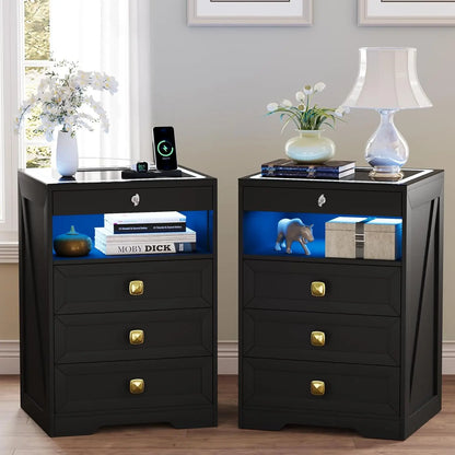 Modern Bedside Table with Charging Station and 3 LED Lights