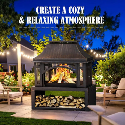 Large Outdoor Wood-Burning Fireplace with Storage