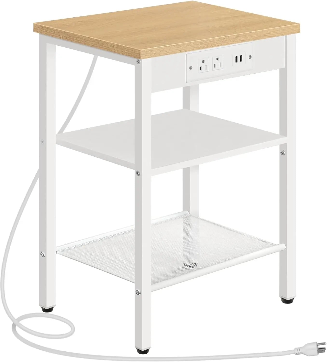 End Table with 3-Tier Nightstand with Adjustable Shelves, Charging Station