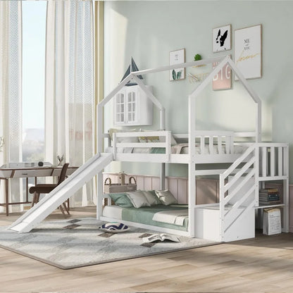 Low Bunk Bed with Slide and Stairs