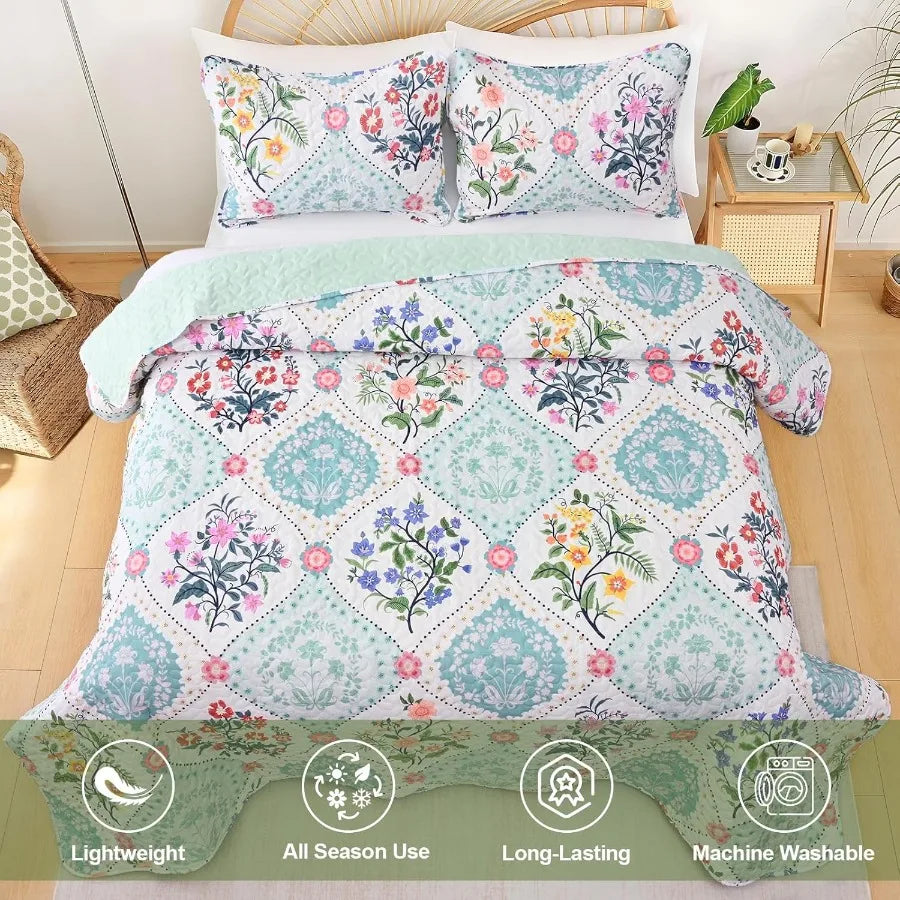 King Size Floral Quilt Bedding Set 3 Piece Lightweight Soft Breathable Bedspreads