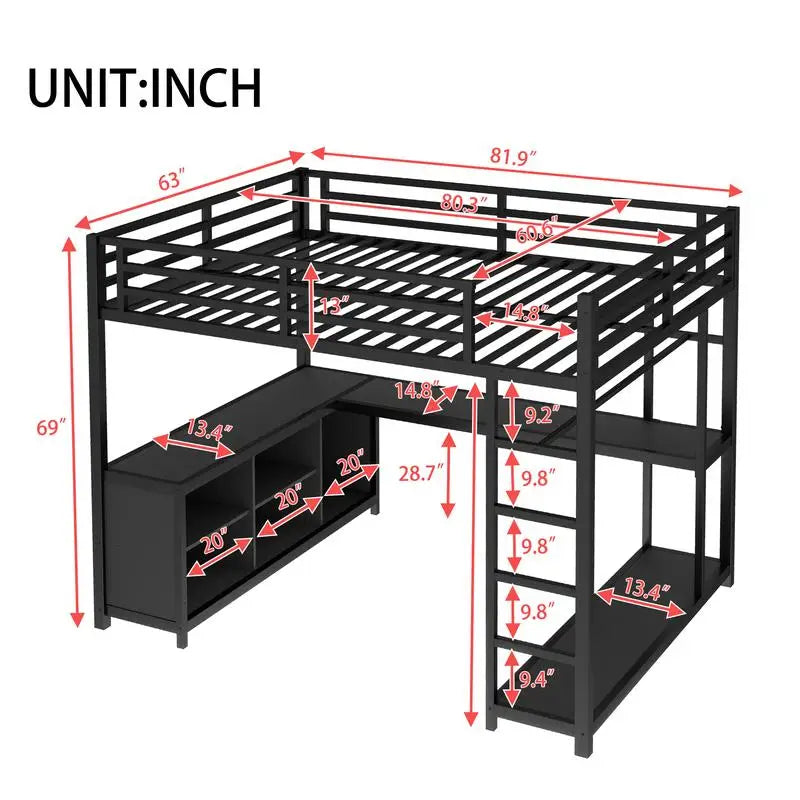Queen Size Metal Loft Bed with Wardrobe