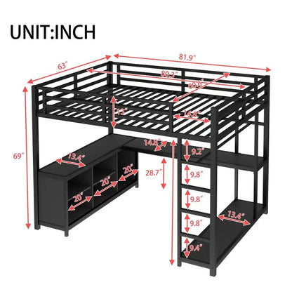Queen Size Metal Loft Bed with Wardrobe