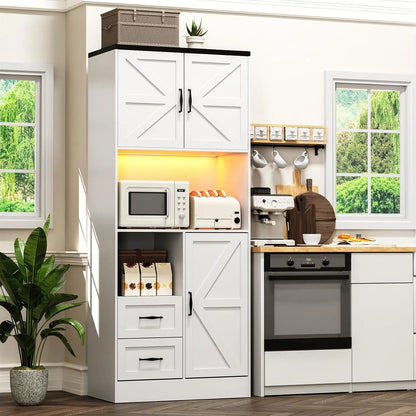 Tall Farmhouse Kitchen Pantry with Barn Doors and Drawers