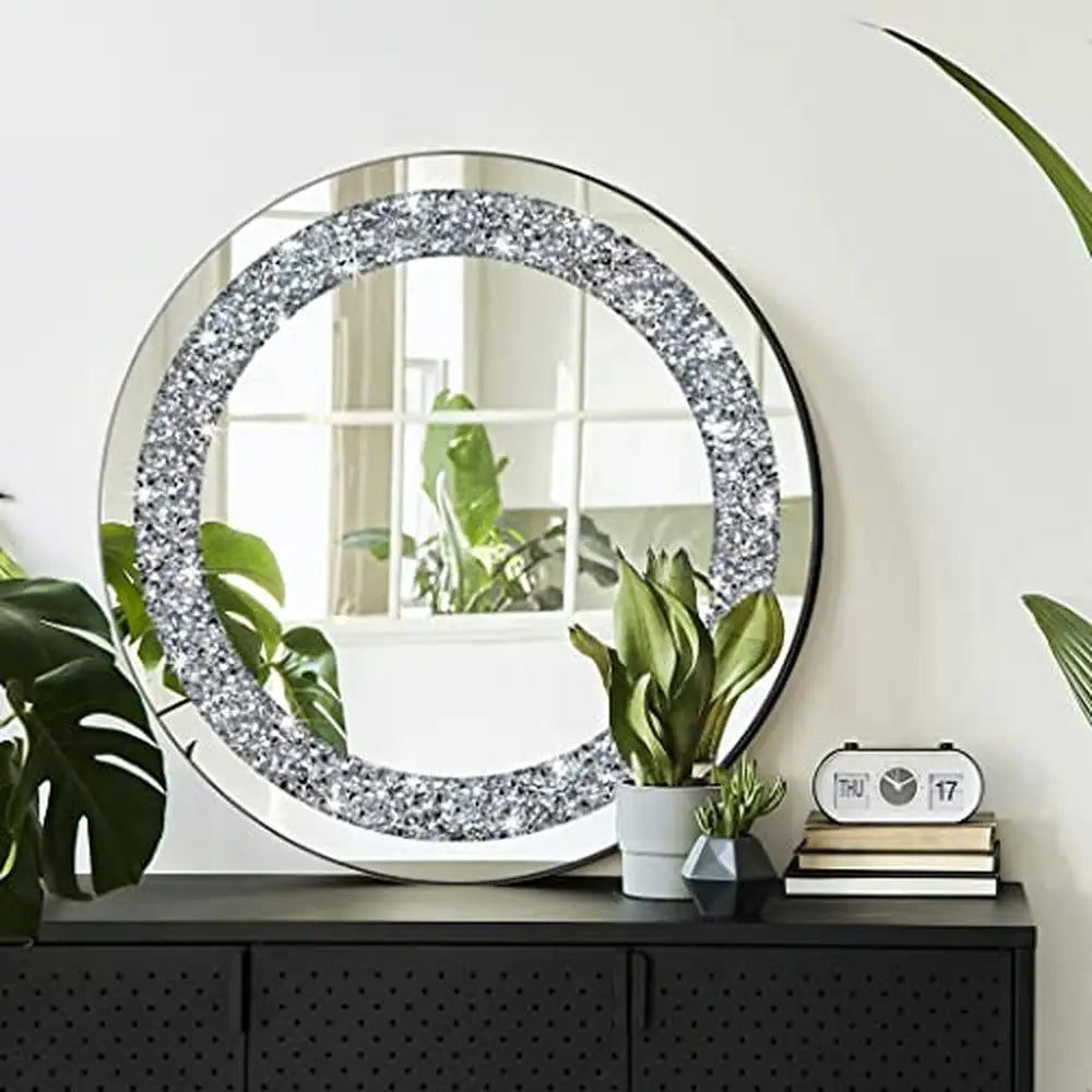 Diamond Round Silver Mirror Wall Decoration 20x20x1 inch Frameless