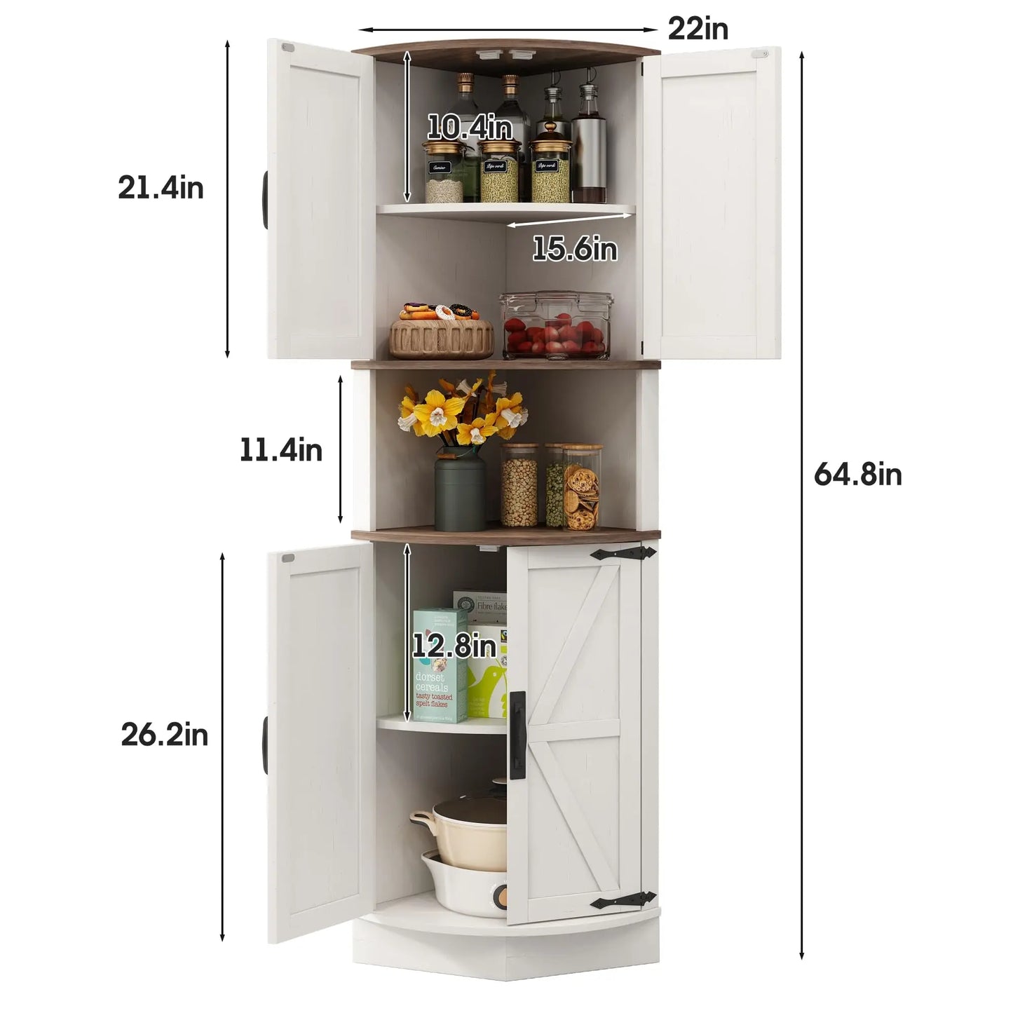 Vabches 64.8" Tall Corner Cabinet Farmhouse Storage Cabinet with Barn Doors&5 Storage Shelves Corner Storage Cabinet Living Room