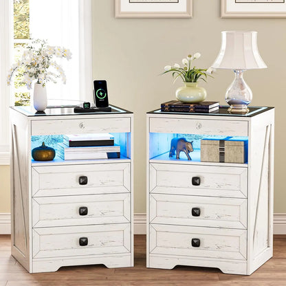 Modern Bedside Table with Charging Station and 3 LED Lights
