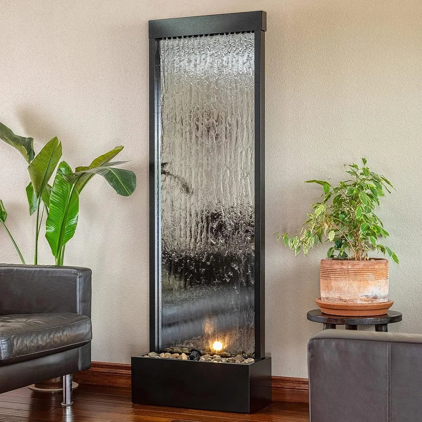 Mirror Waterfall Fountain with Stones and Lights - Zen Indoor/Outdoor Decor for Home or Office.