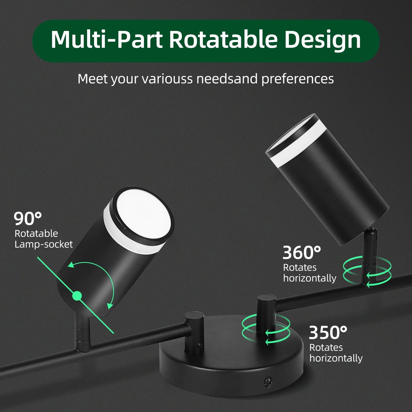 LED Spotlight Black Track Fixture Ceiling Light Rotatable 6 Heads Protective Lamp