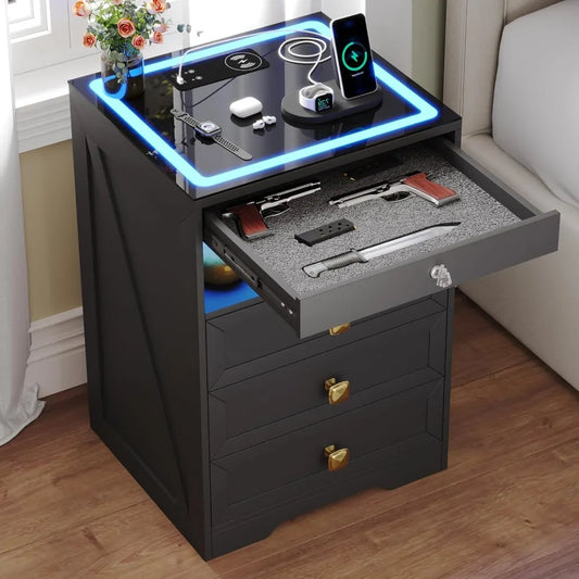 Modern Bedside Table with Charging Station and 3 LED Lights