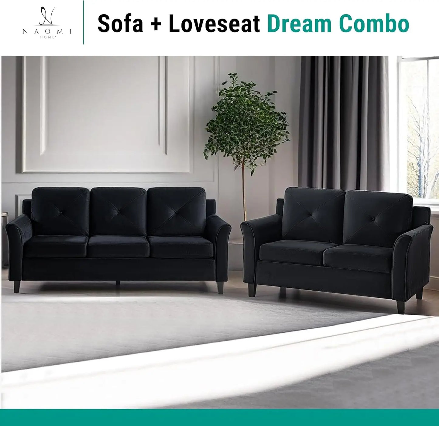 Microfiber Black Button Tufted Sofa & Loveseat Set