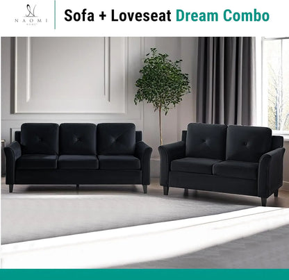 Microfiber Black Button Tufted Sofa & Loveseat Set