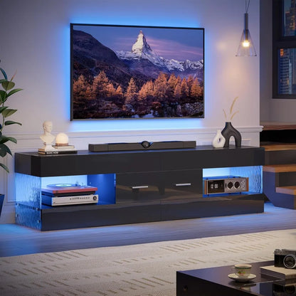 TV Stand with Stone-Patterned Side Panels, LED Entertainment Center