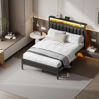 Platform Bed with Metal Slats, Grey Upholstered Headboard