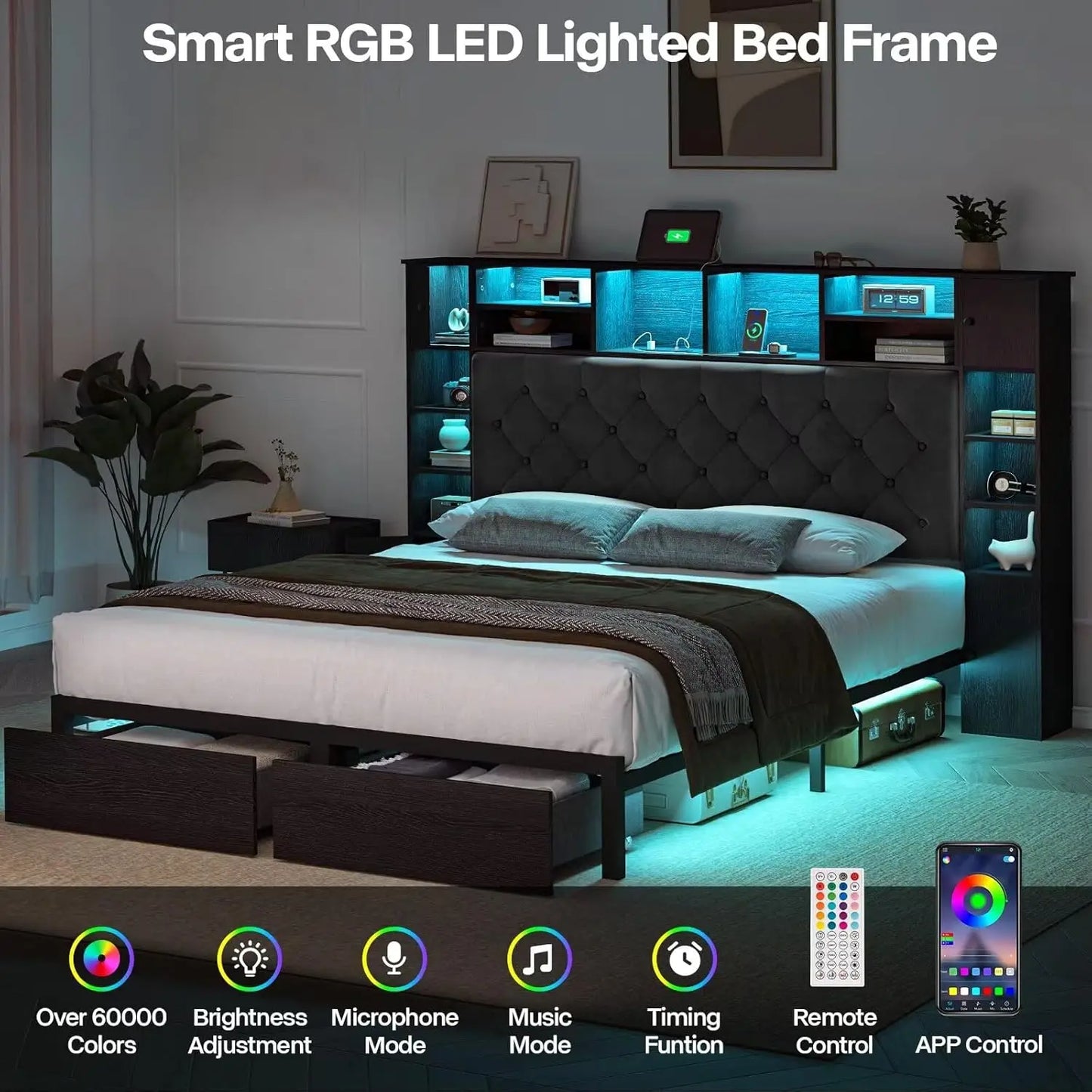 Queen Bed Frame with Bookcase Headboard and Storage Drawers, 51.2"