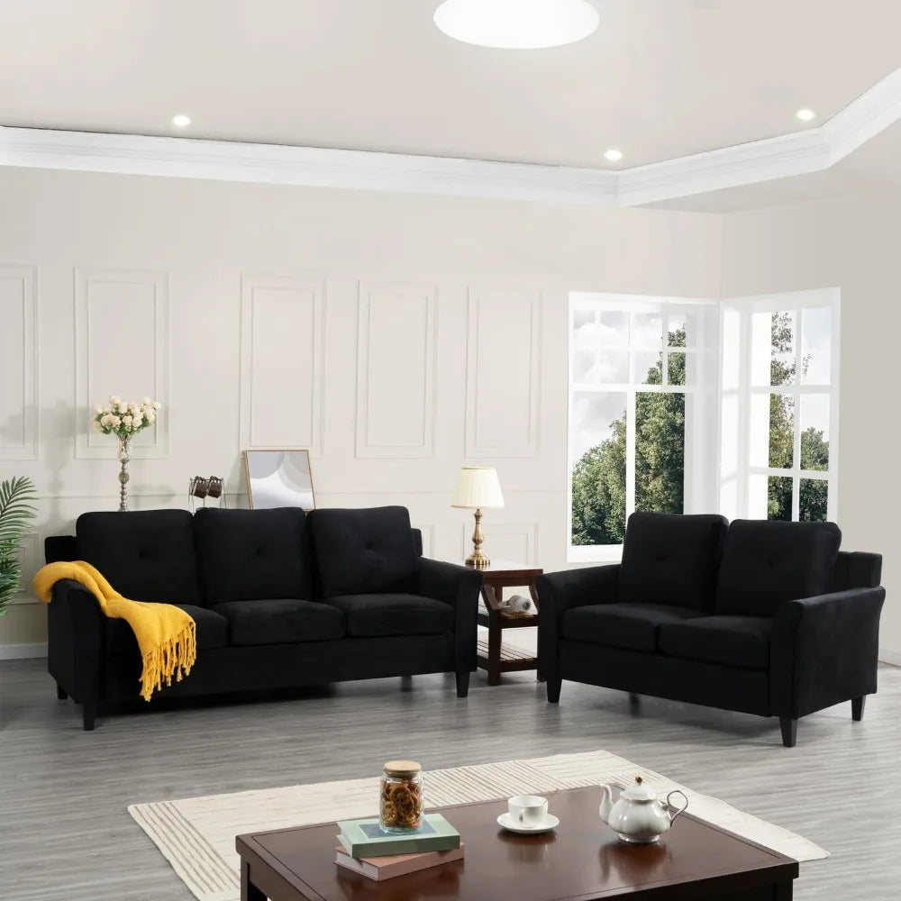 Microfiber Black Button Tufted Sofa & Loveseat Set