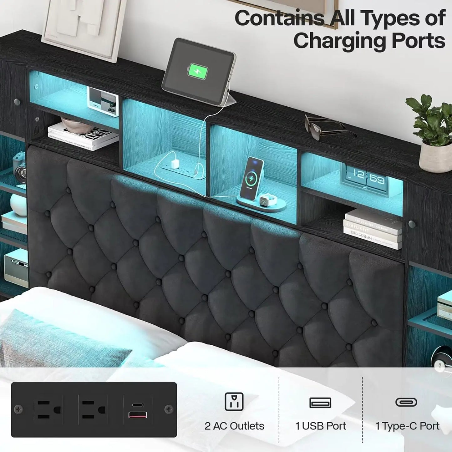 Queen Bed Frame with Bookcase Headboard and Storage Drawers, 51.2"