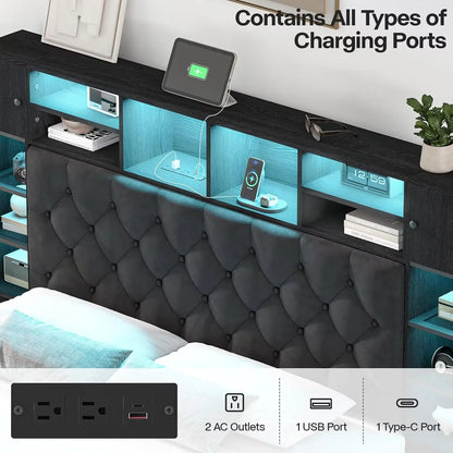 Queen Bed Frame with Bookcase Headboard and Storage Drawers, 51.2"