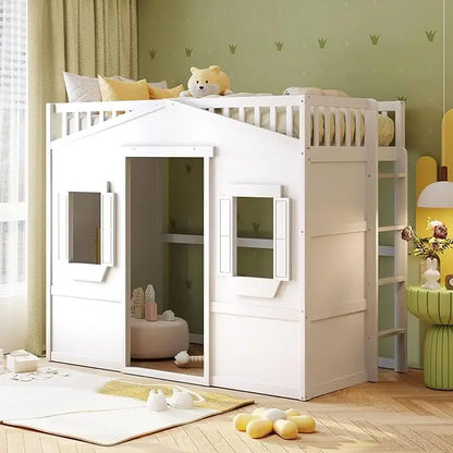 Twin Kids Playhouse Bed, Solid Wood Loft