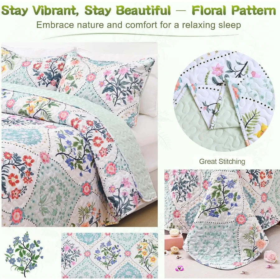 King Size Floral Quilt Bedding Set 3 Piece Lightweight Soft Breathable Bedspreads