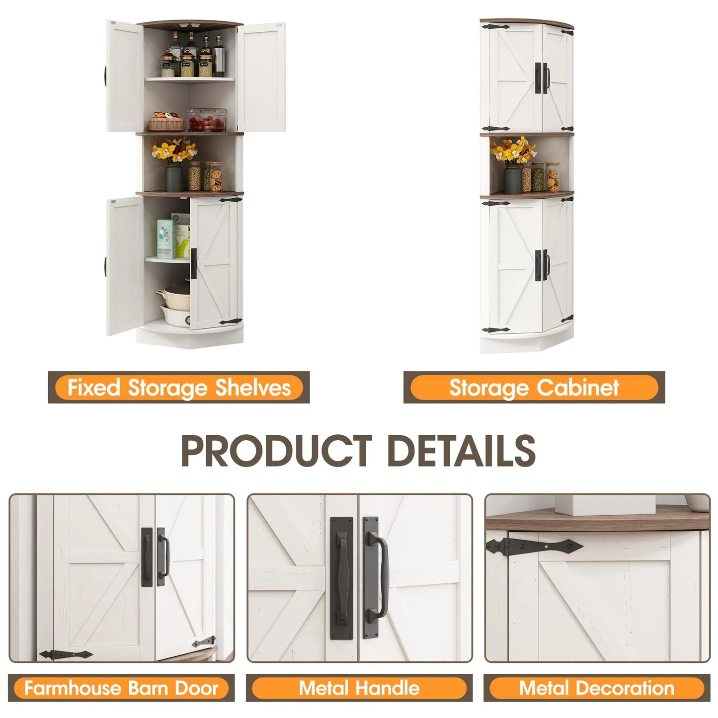 Vabches 64.8" Tall Corner Cabinet Farmhouse Storage Cabinet with Barn Doors&5 Storage Shelves Corner Storage Cabinet Living Room