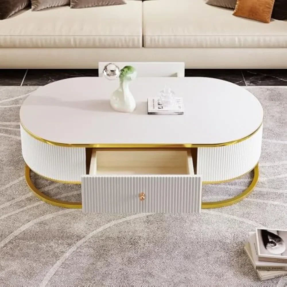 Curved Profile Design, Gold Metal Decor, Center Table for Living Room