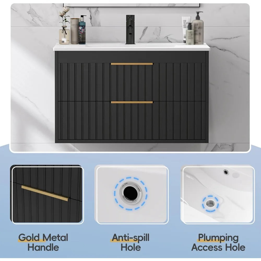 Wall Mounted Floating Bathroom Vanity with 2 Big Drawers