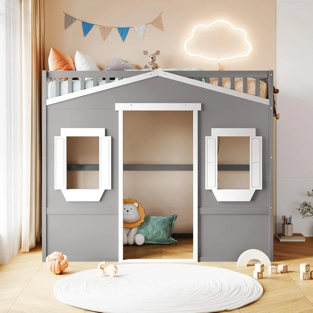 Twin Kids Playhouse Bed, Solid Wood Loft