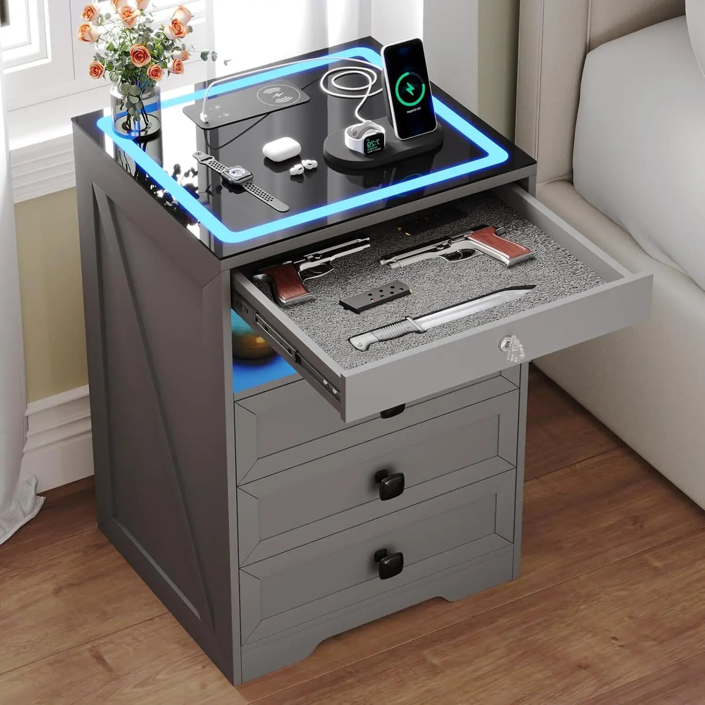 Modern Bedside Table with Charging Station and 3 LED Lights