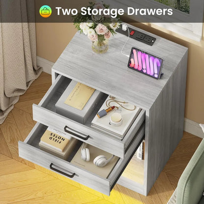 Set of 2,Nightstand with Charging Station with LED light