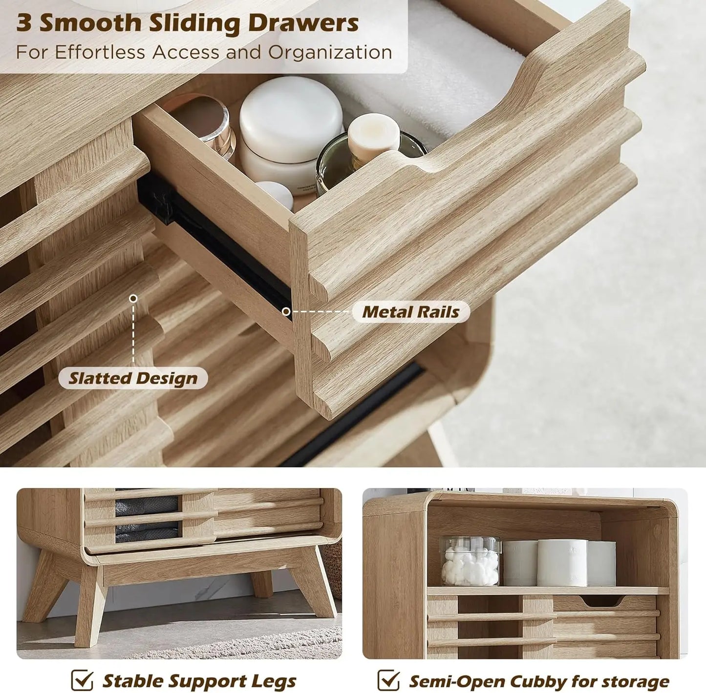 Small Bathroom Storage Cabinet w/3 Smooth Sliding Drawers