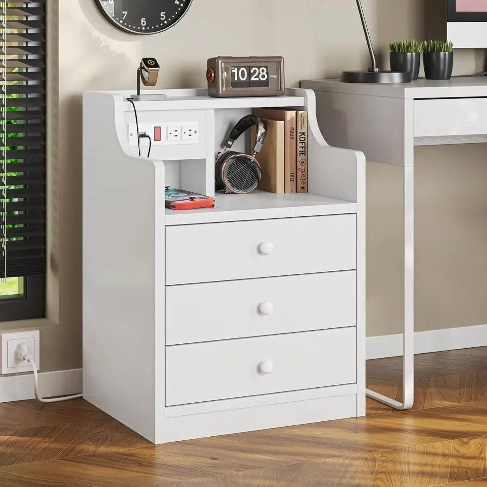 White Night Stand with Hutch,Bedside Table