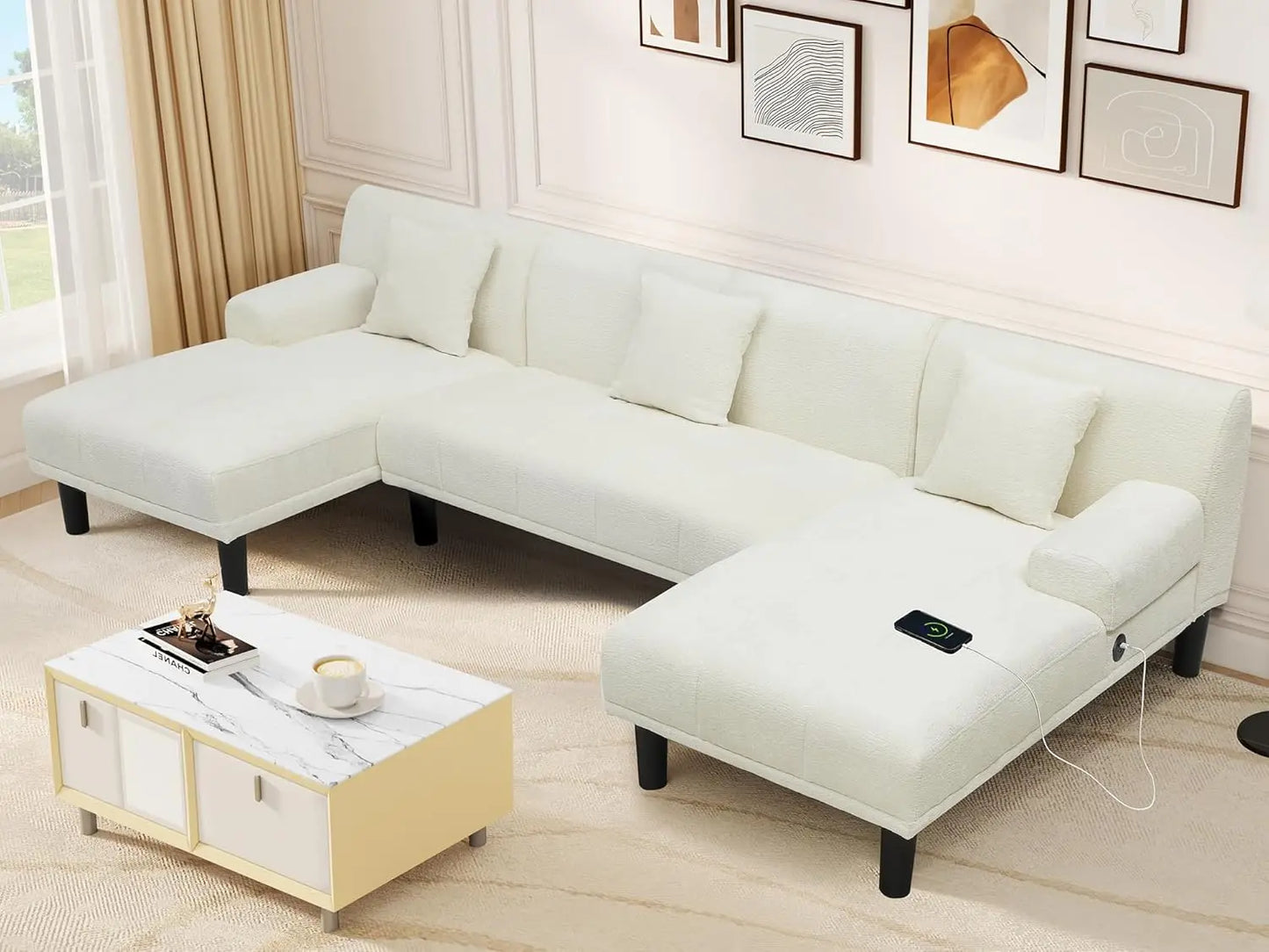 Sectional Couches for Living Room, U Shaped Sofa Chenille Modern Couch with USB & Type C Charging Ports Double Chaise and