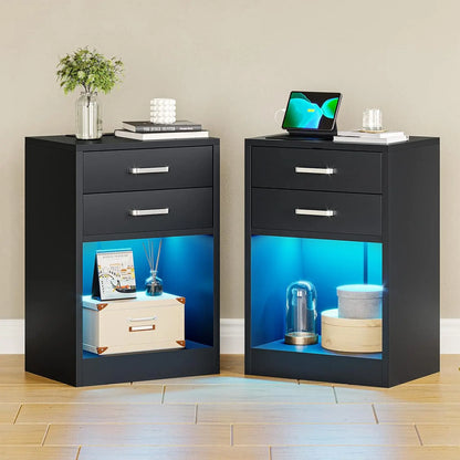 Set of 2,Nightstand with Charging Station with LED light