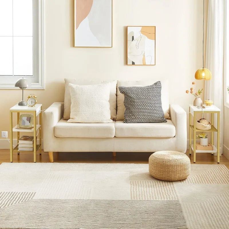 End Table with 3-Tier Nightstand with Adjustable Shelves, Charging Station