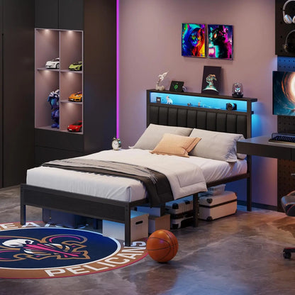 Platform Bed with Metal Slats, Grey Upholstered Headboard