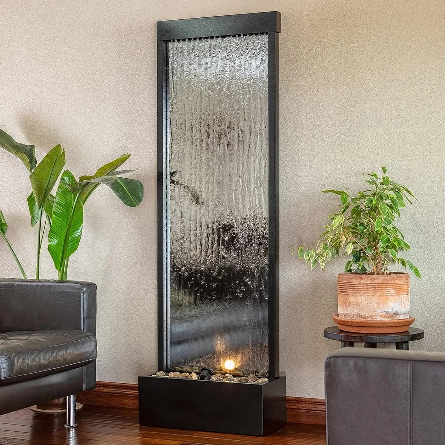 Mirror Waterfall Fountain with Stones and Lights - Zen Indoor/Outdoor Decor for Home or Office.