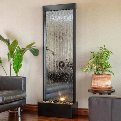 Mirror Waterfall Fountain with Stones and Lights - Zen Indoor/Outdoor Decor for Home or Office.