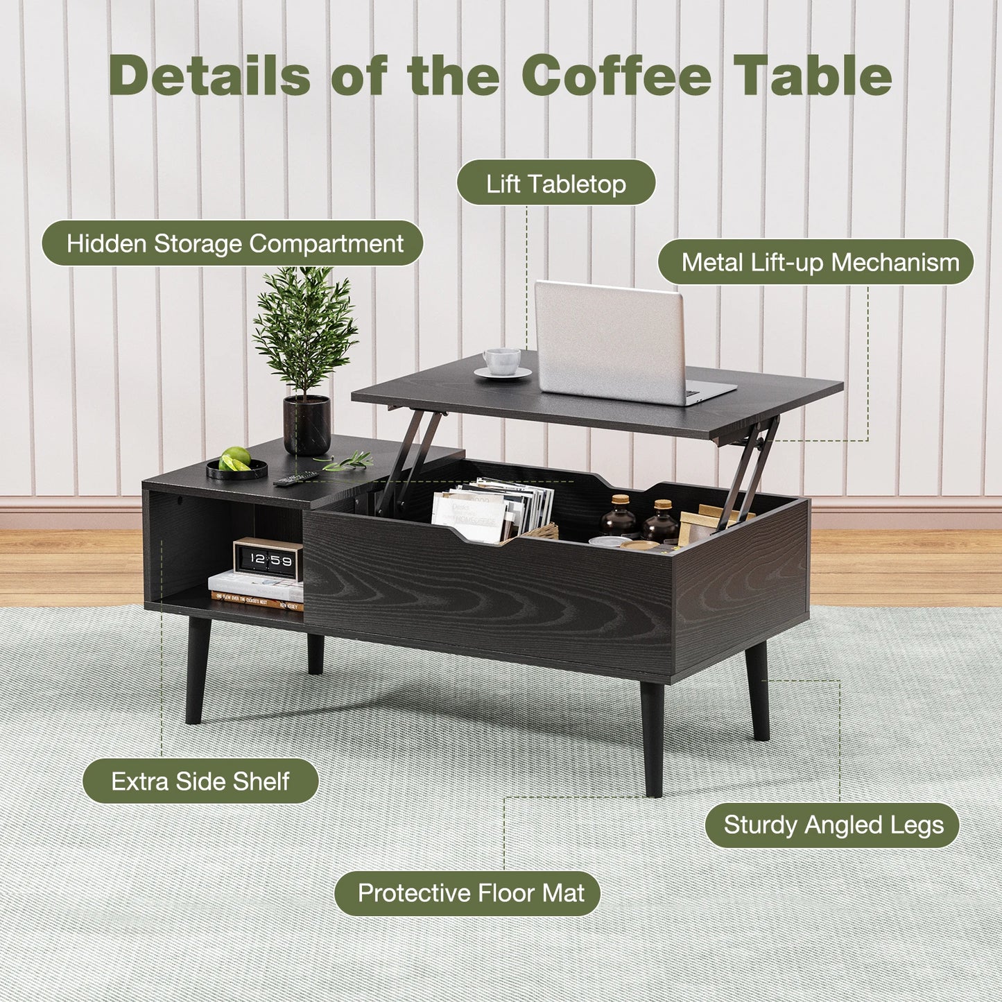 Adjustable Shelf Wood Coffee Table with Storage