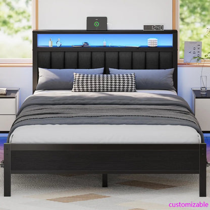 Platform Bed with Metal Slats, Grey Upholstered Headboard